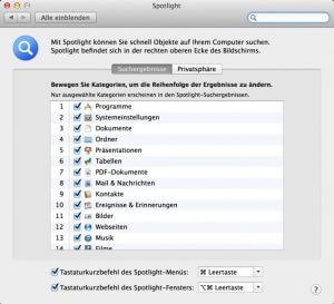 Spotlight-Sucheinstellungen
